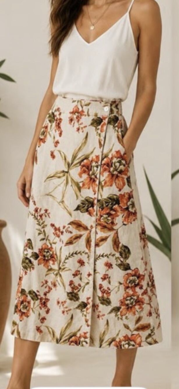 Joie Skirt M Floral 100% Linen Wrap Midi Orange Cream Fall Autumn